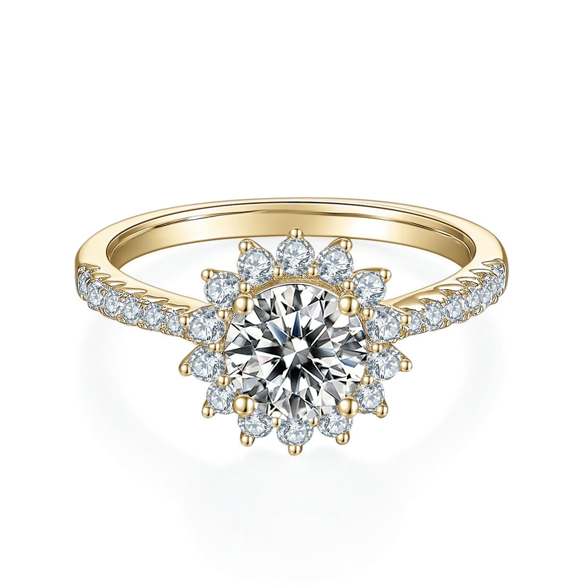 Alba Round Moissanite Sunflower Halo Engagement Ring 1 ct in 18K yellow gold plating, front view
