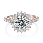Alba Round Moissanite Sunflower Halo Engagement Ring 3 ct in 18K rose gold plating, front view