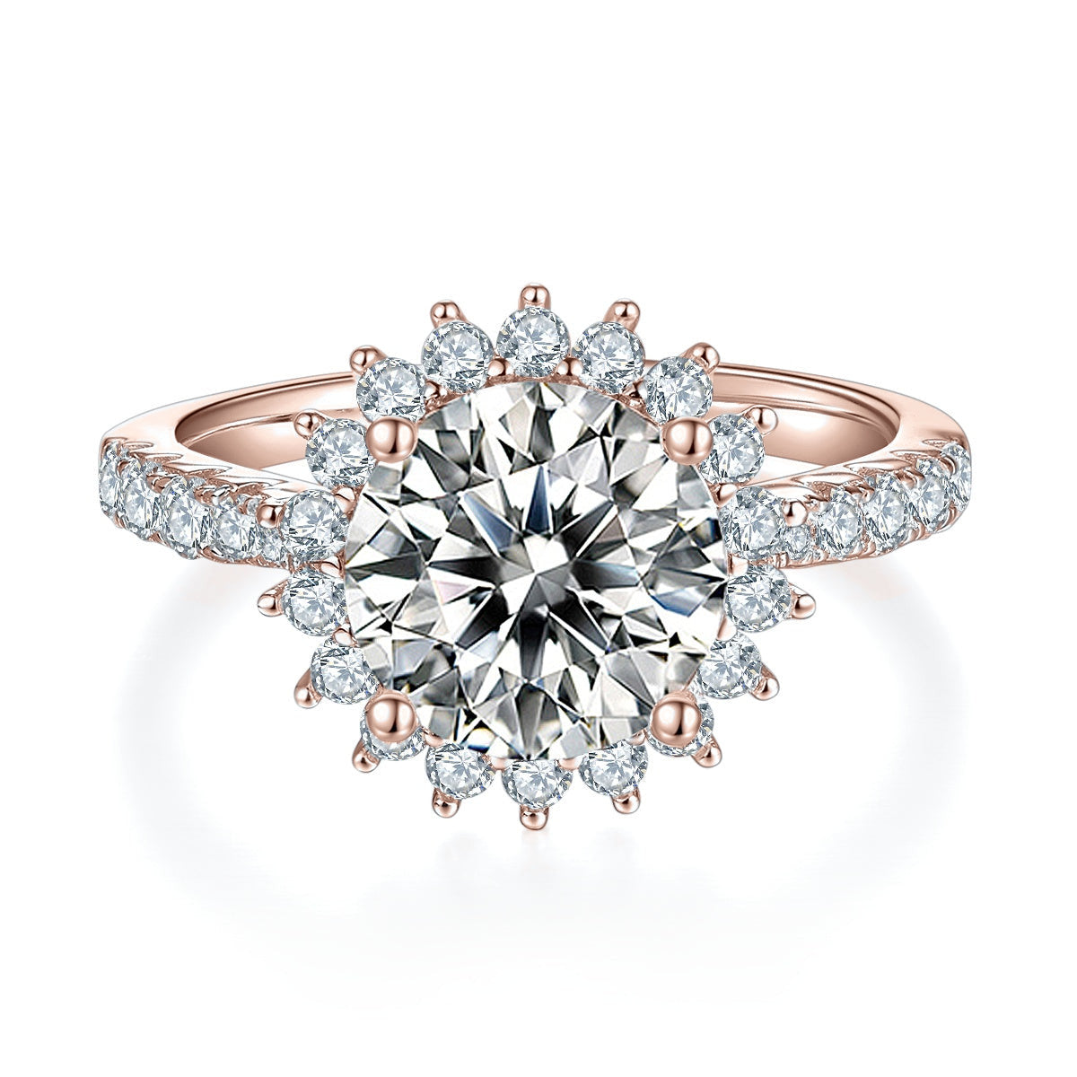 Alba Round Moissanite Sunflower Halo Engagement Ring 3 ct in 18K rose gold plating, front view
