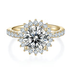 Alba Round Moissanite Sunflower Halo Engagement Ring 3 ct in 18K yellow gold plating, front view