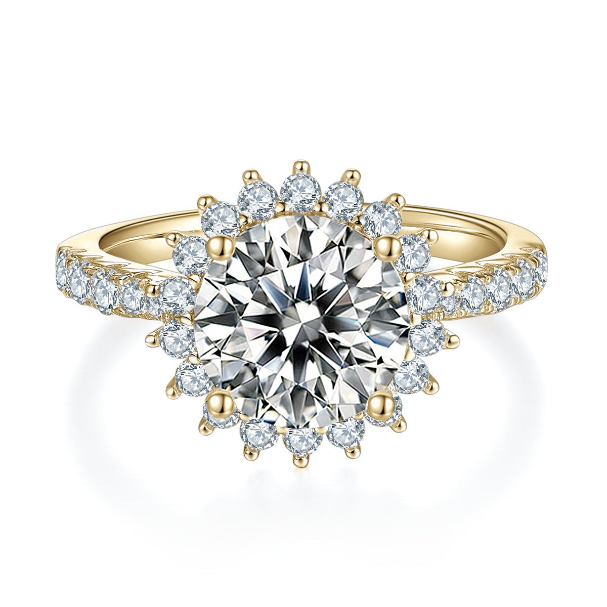 Alba Round Moissanite Sunflower Halo Engagement Ring 3 ct in 18K yellow gold plating, front view