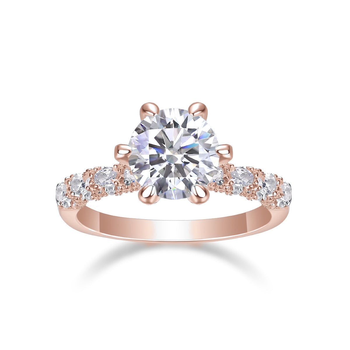 Alexandra Round Moissanite Hidden Halo Engagement Ring in 18K rose gold plating, front view
