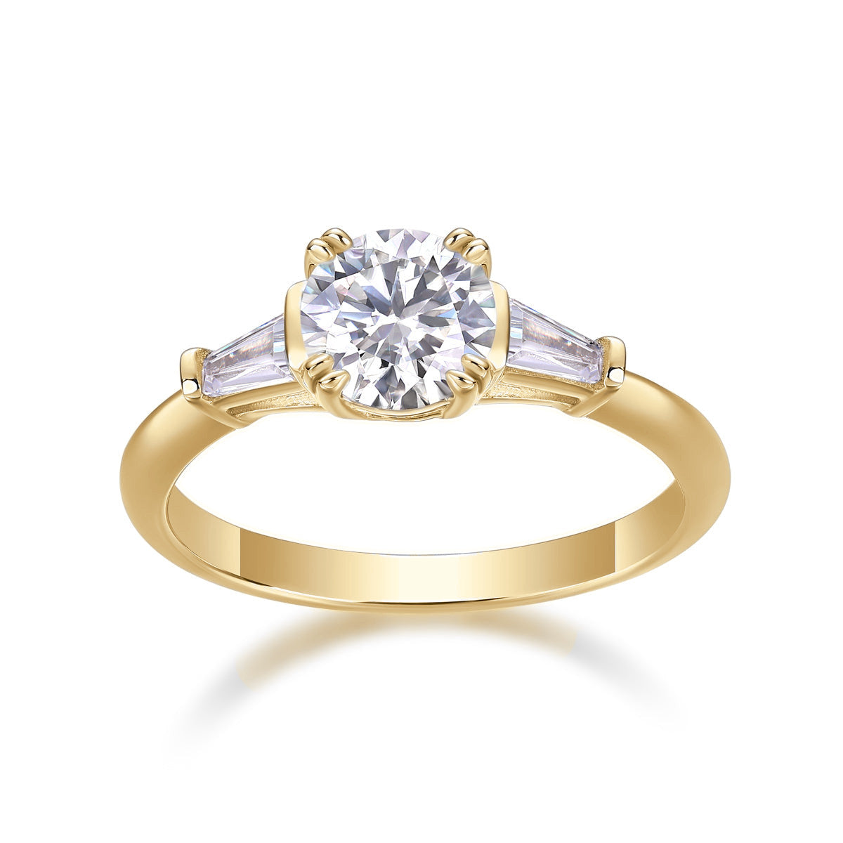 Alexis Round Moissanite Three Stone Engagement Ring in 18K yellow gold plating