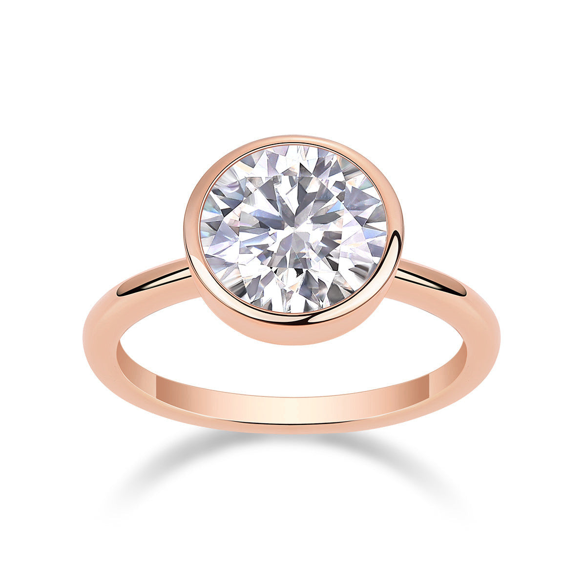 Alice Round Moissanite Bezel Engagement Ring in 18K rose gold plating, front view
