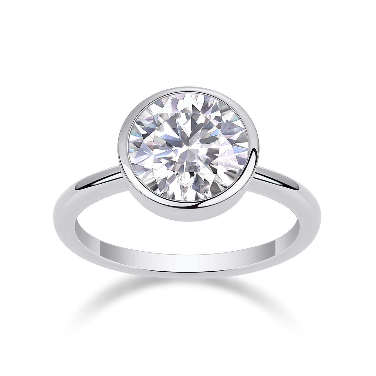 Alice Round Moissanite Bezel Engagement Ring in 18K white gold plating, front view