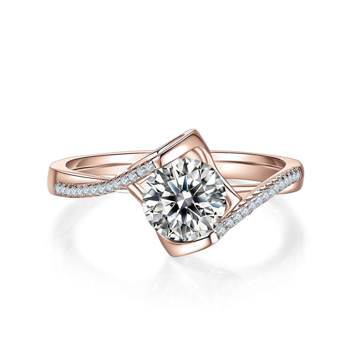 Aliyah Round Moissanite Bypass Engagement Ring in 18K rose gold plating, front view