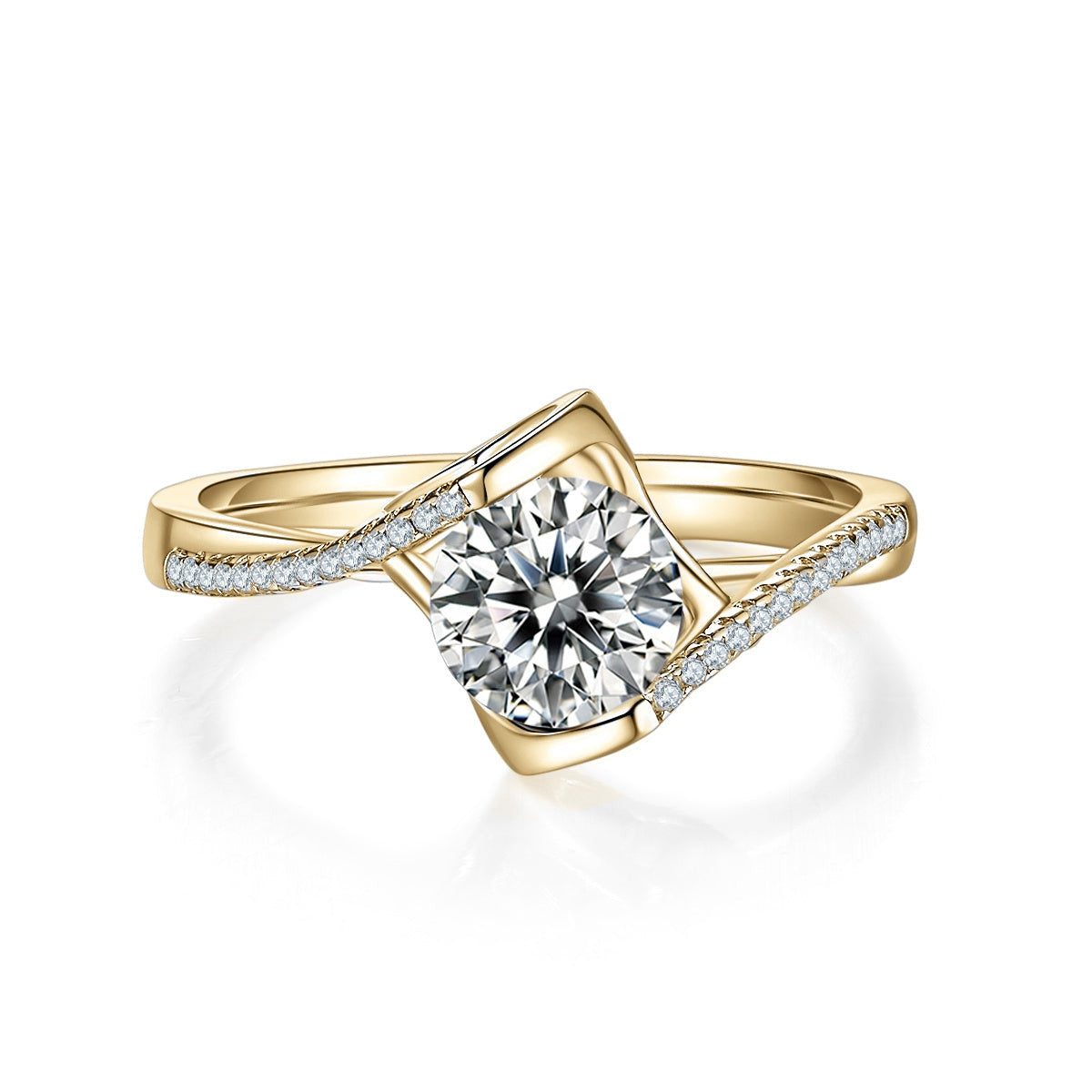 Aliyah Round Moissanite Bypass Engagement Ring in 18K yellow gold plating, front view