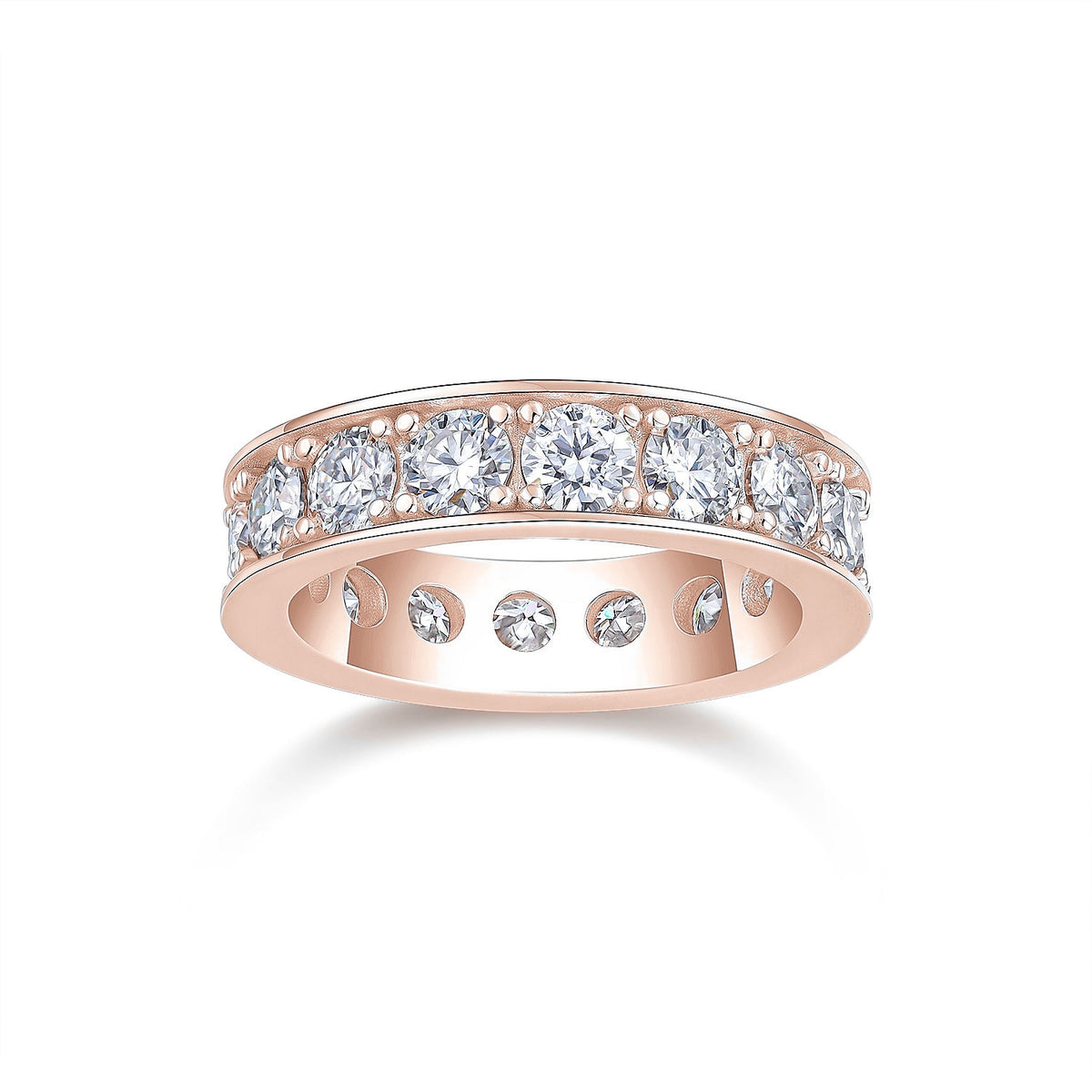 Allison Round Moissanite Channel Eternity Band in 18K rose gold plating, front view