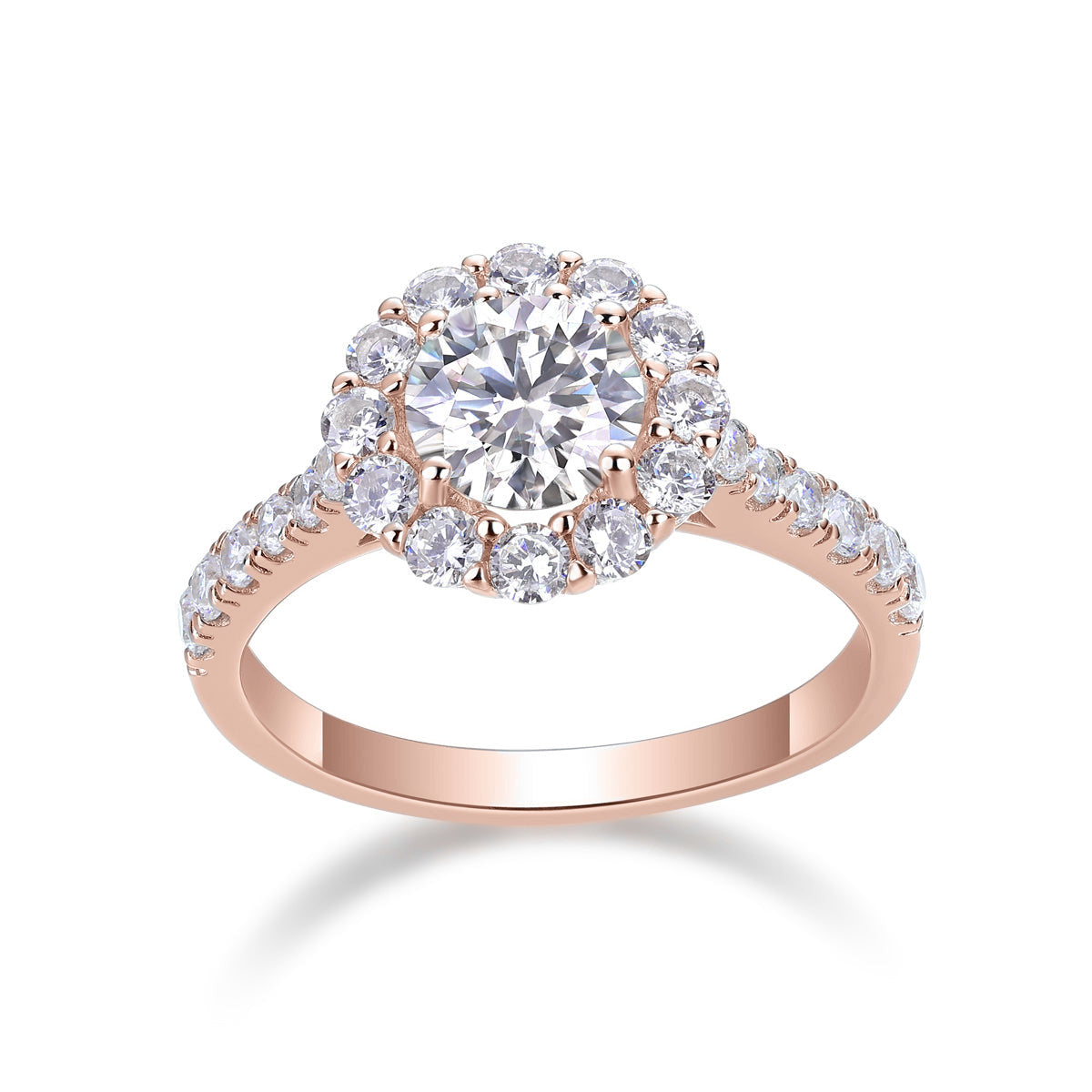 Alyssa Round Moissanite Halo Engagement Ring in 18K rose gold plating