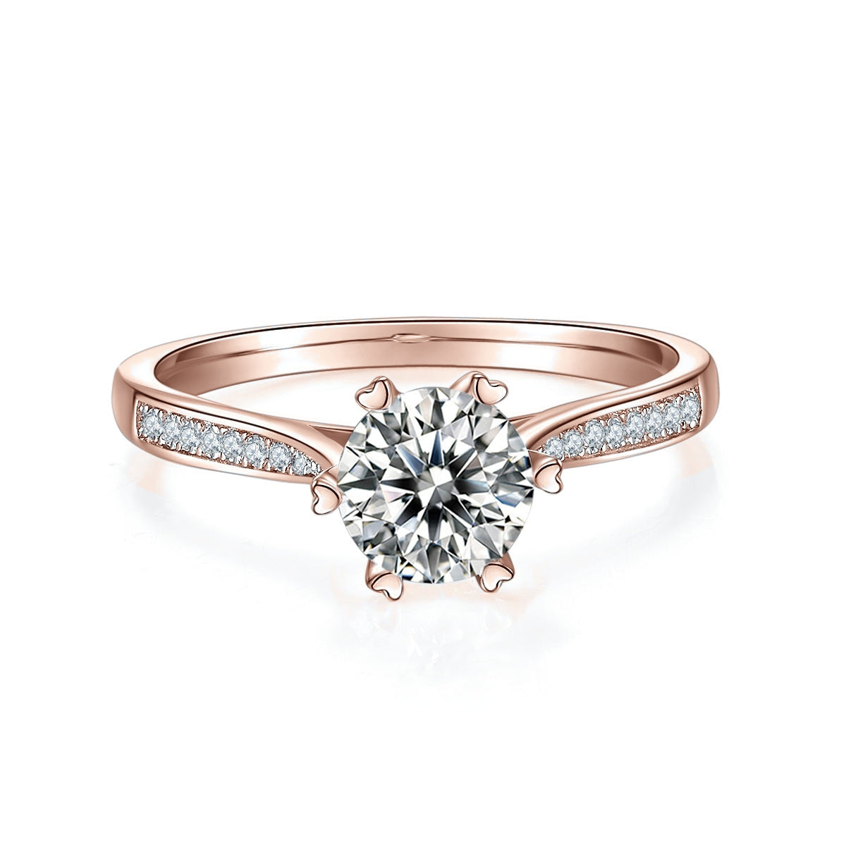 Amanda Round Moissanite Pavé Engagement Ring in 18K rose gold plating, front view
