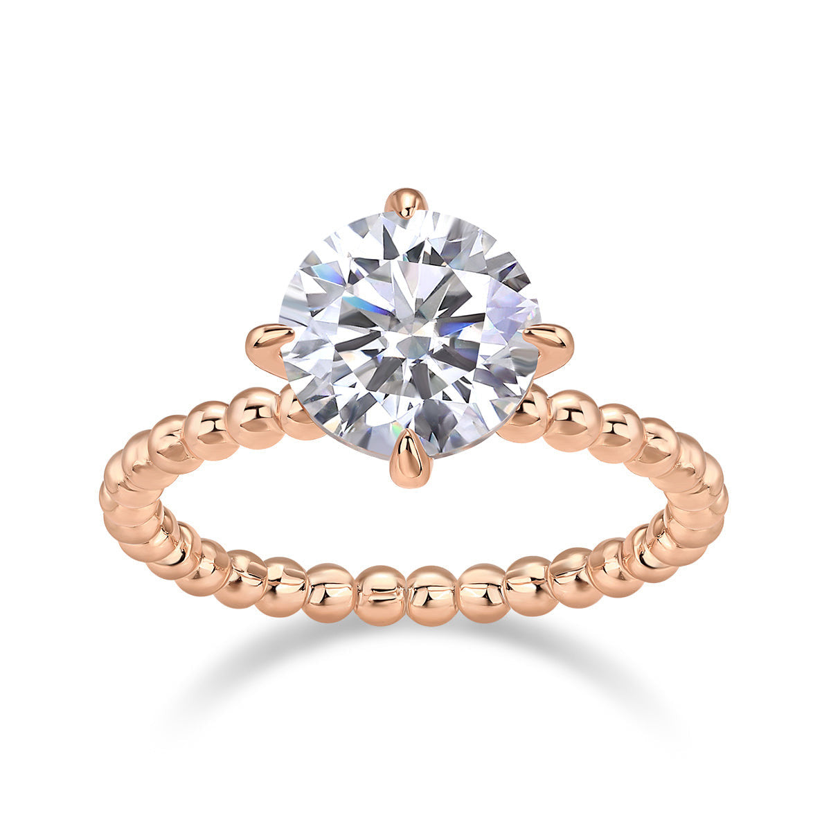 Amara Round Moissanite Solitaire Engagement Ring in 18K rose gold plating, front view