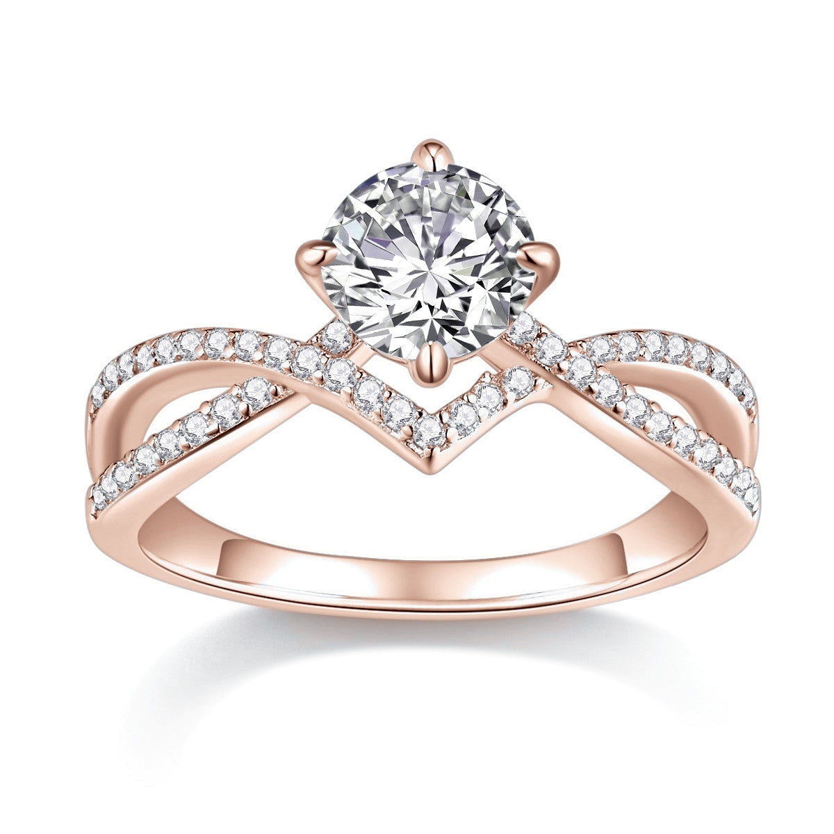 Amaya Round Moissanite Split Shank Engagement Ring in 18K rose gold plating, front view