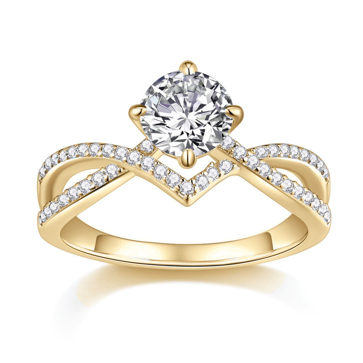 Amaya Round Moissanite Split Shank Engagement Ring in 18K yellow gold plating, front view