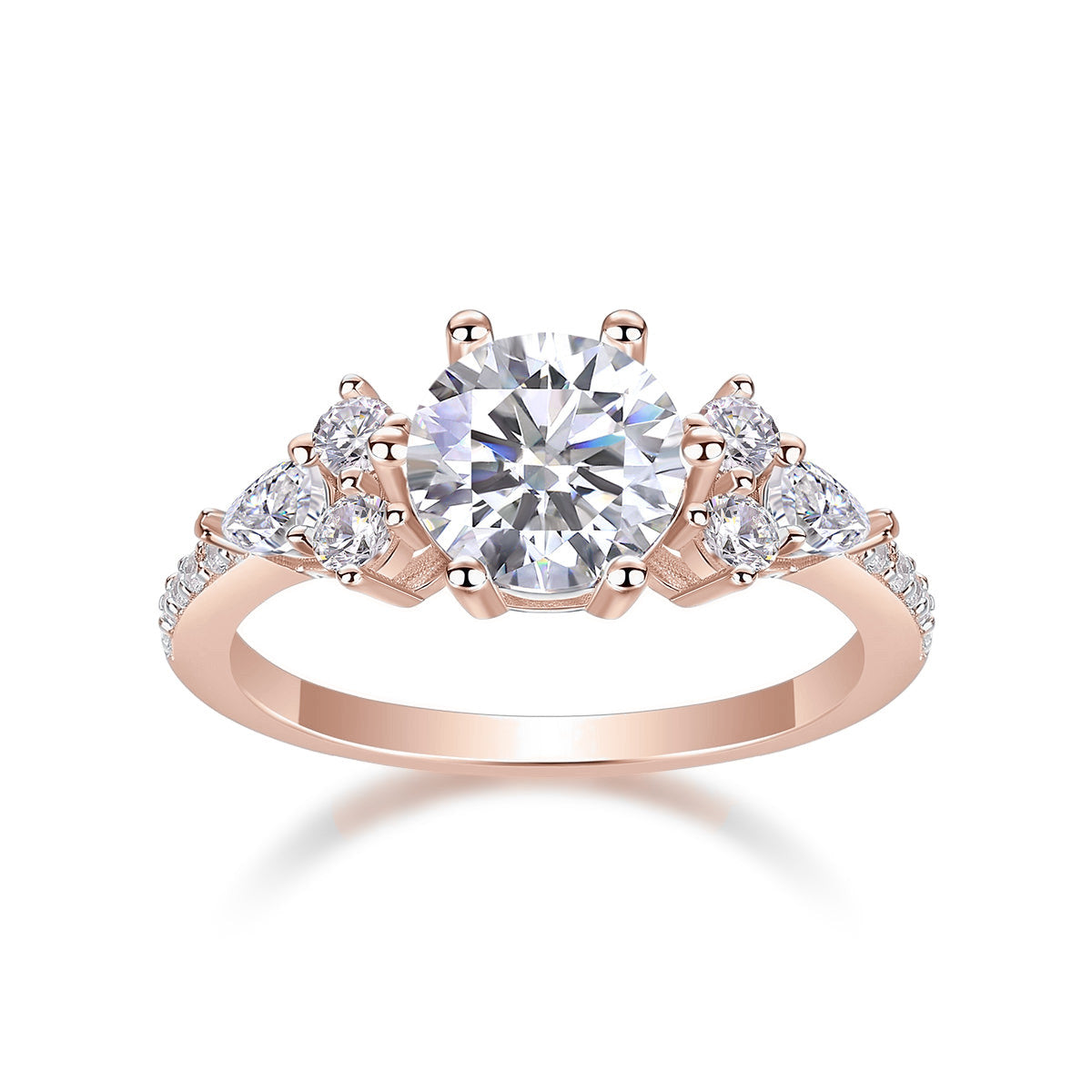 Amber Round Moissanite Side Stone Engagement Ring in 18K rose gold plating, front view