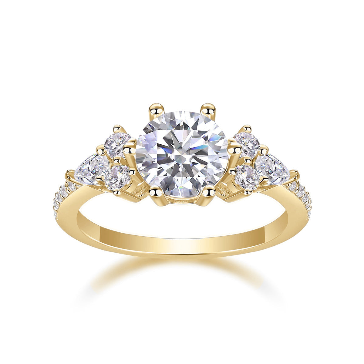 Amber Round Moissanite Side Stone Engagement Ring in 18K yellow gold plating, front view