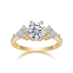 Amber Round Moissanite Side Stone Engagement Ring in 18K yellow gold plating, front view