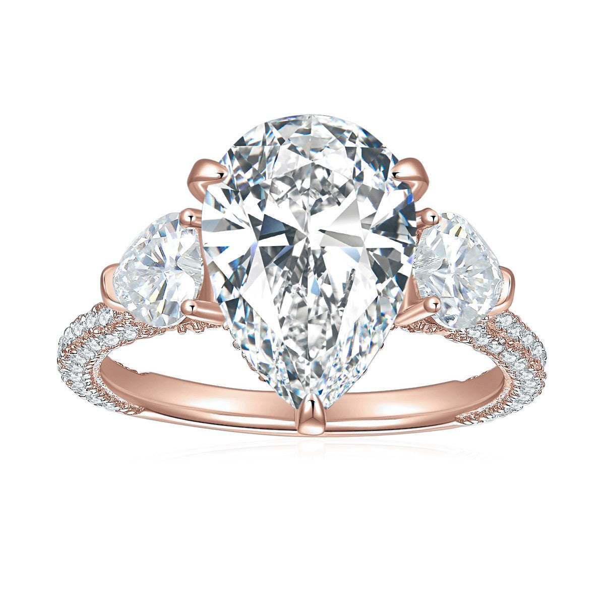 Amira Pear Moissanite Three Stone Engagement Ring in 18K rose gold plating, front view