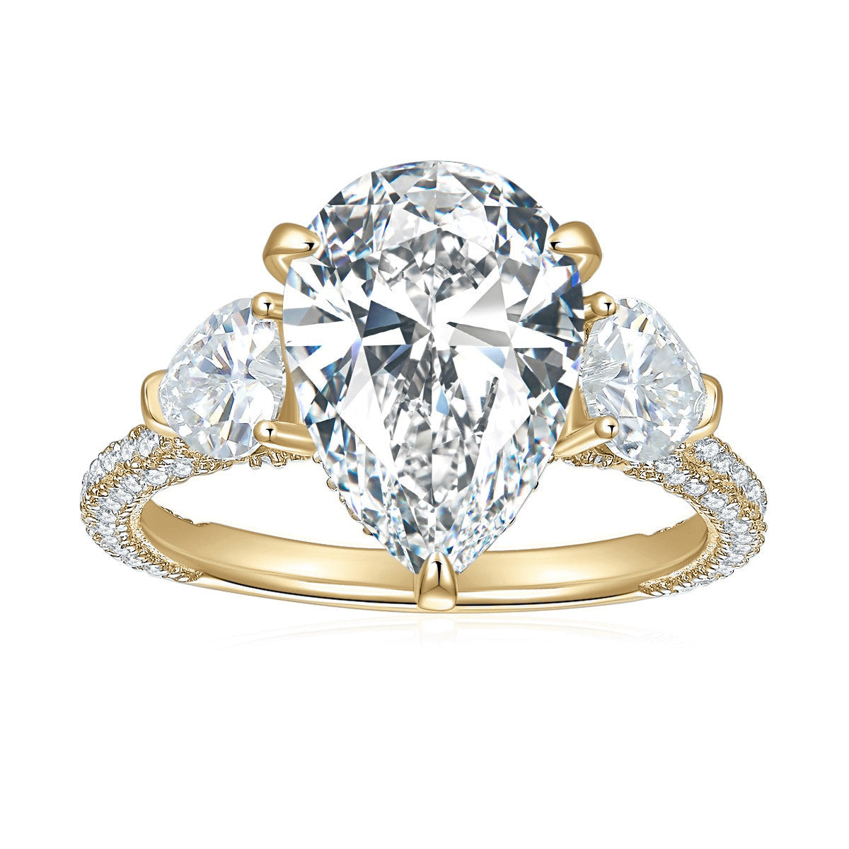 Amira Pear Moissanite Three Stone Engagement Ring in 18K yellow gold plating, front view