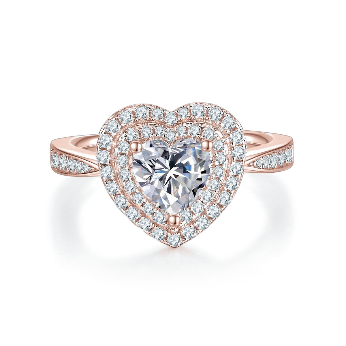 Amy Heart Moissanite Double Halo Engagement Ring in 18K rose gold plating, front view