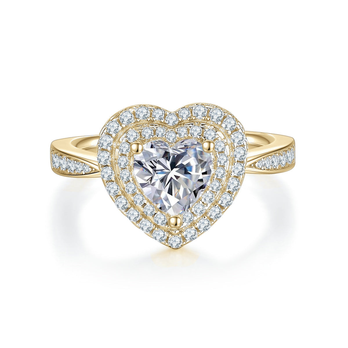 Amy Heart Moissanite Double Halo Engagement Ring in 18K yellow gold plating, front view