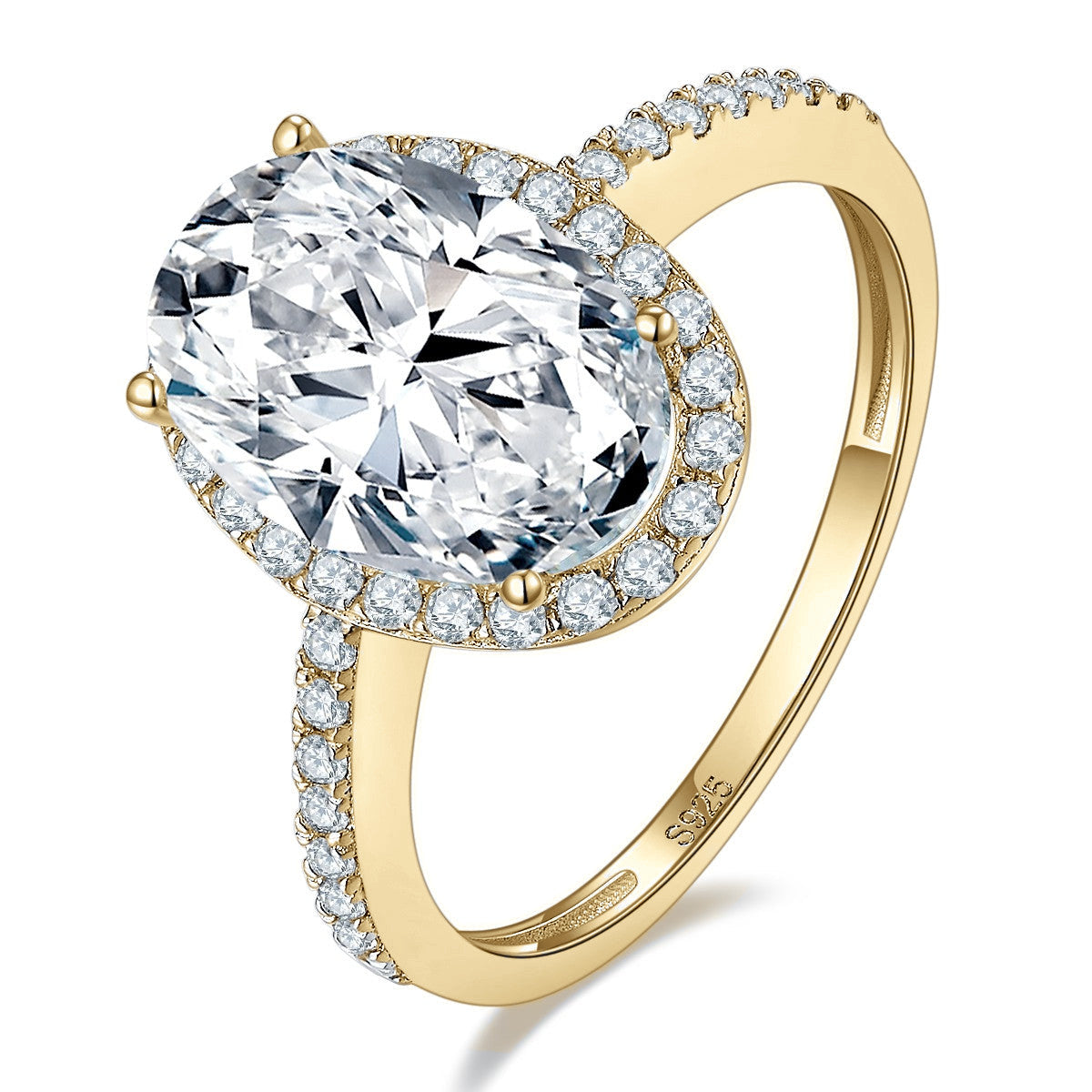 Angela Oval Moissanite Halo Engagement Ring in 18K yellow gold plating, angled view