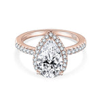 April Pear Moissanite Halo Engagement Ring in 18K rose gold plating, front view