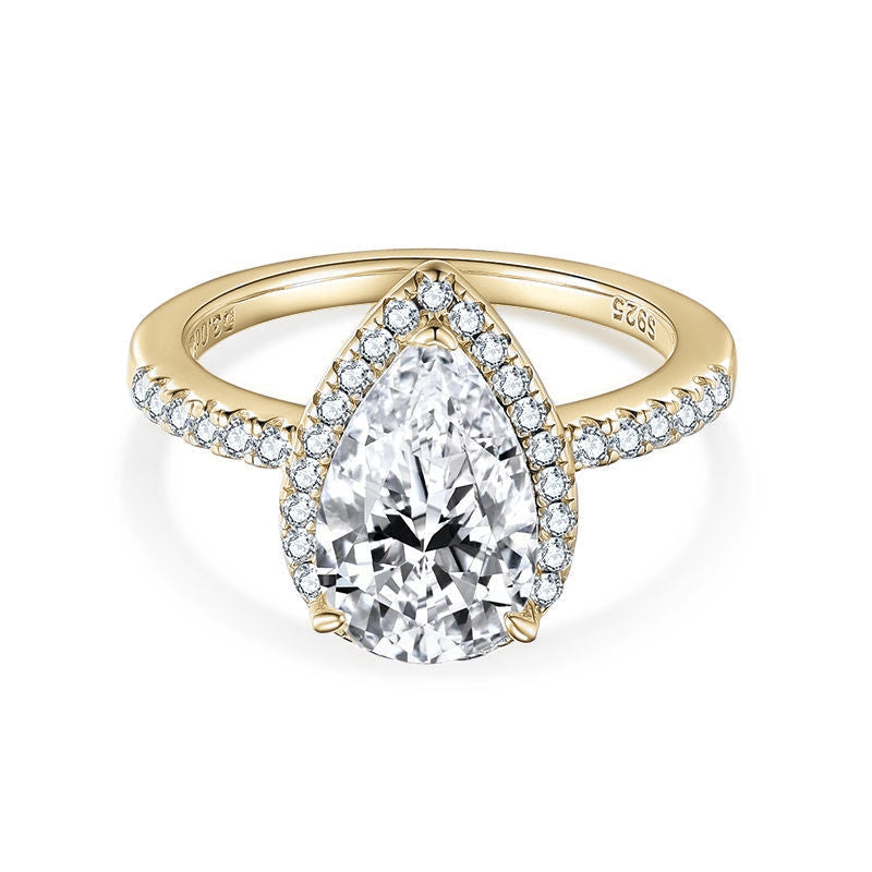 April Pear Moissanite Halo Engagement Ring in 18K yellow gold plating, front view
