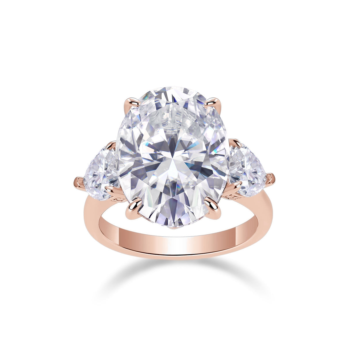 Arabella Oval Moissanite Three Stone Engagement Ring in 18K rose gold plating, front view