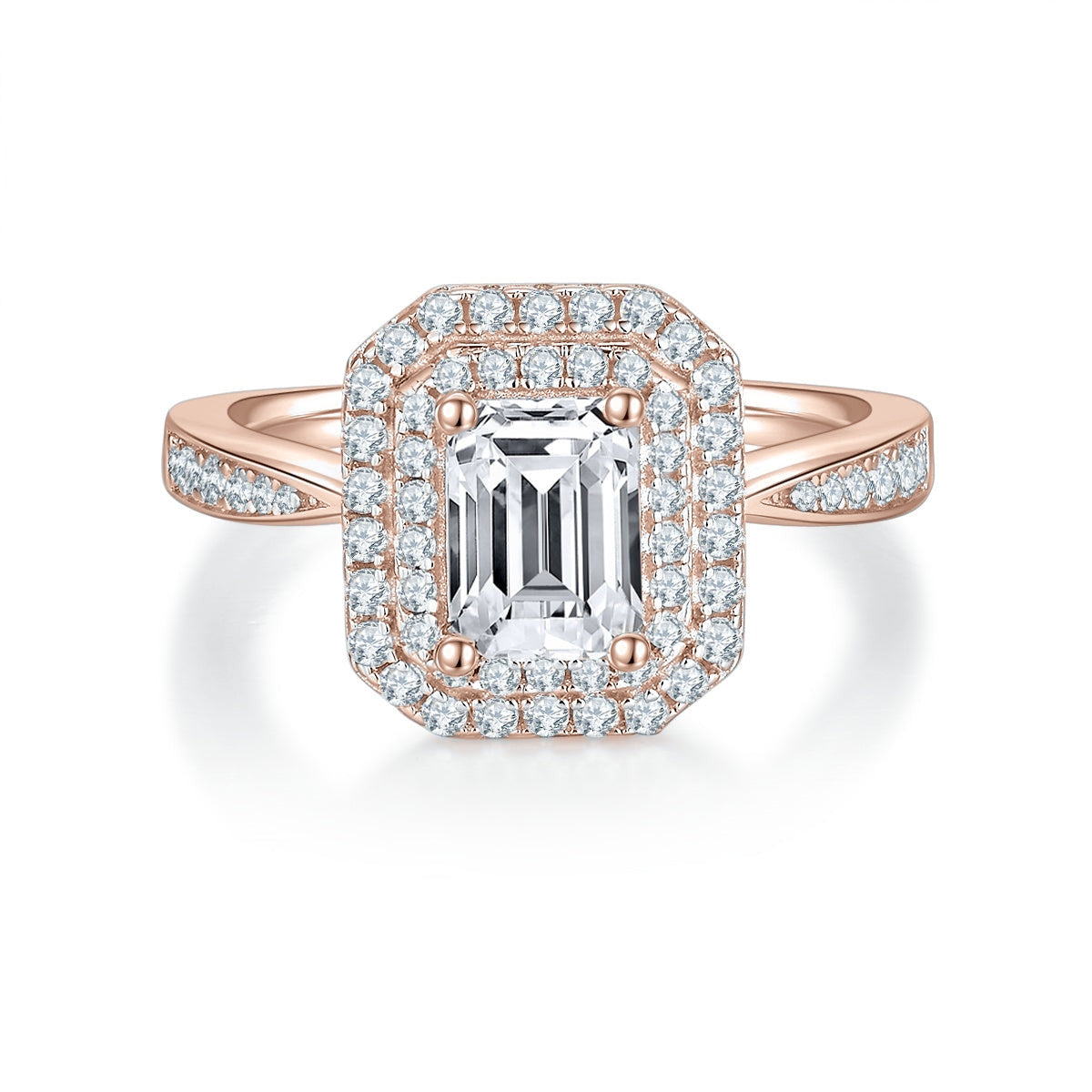 Arden Emerald Cut Moissanite Double Halo Engagement Ring in 18K rose gold plating, front view