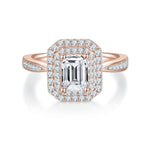 Arden Emerald Cut Moissanite Double Halo Engagement Ring in 18K rose gold plating, front view