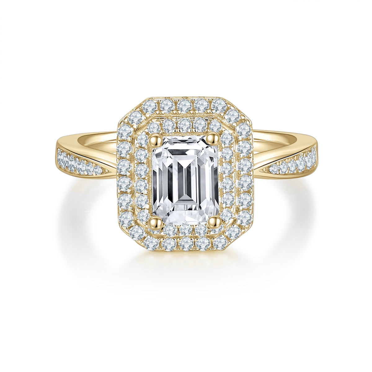 Arden Emerald Cut Moissanite Double Halo Engagement Ring in 18K yellow gold plating, front view