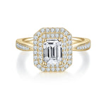 Arden Emerald Cut Moissanite Double Halo Engagement Ring in 18K yellow gold plating, front view