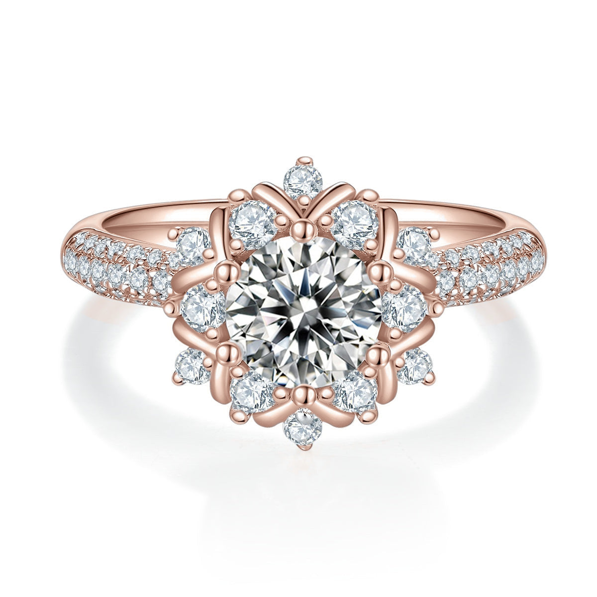 Ashlyn Round Moissanite Snowflake Halo Engagement Ring in 18K rose gold plating, front view