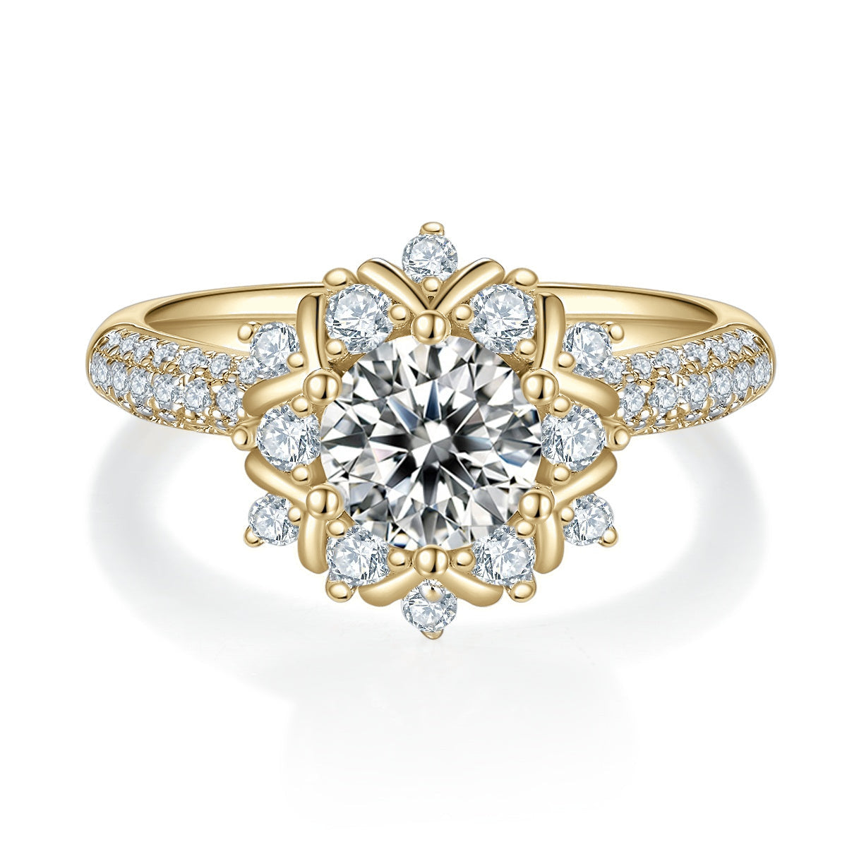 Ashlyn Round Moissanite Snowflake Halo Engagement Ring in 18K yellow gold plating, front view