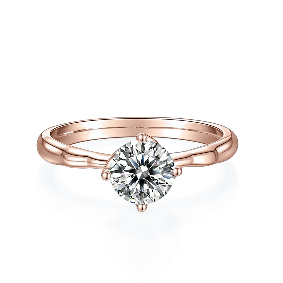 Aspen Round Moissanite Solitaire Engagement Ring in 18K rose gold plating, front view