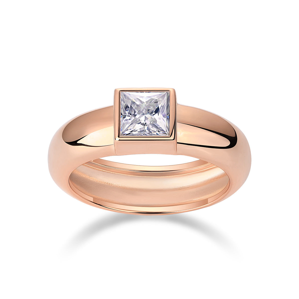 Astrid Princess Cut Moissanite Bezel Engagement Ring in 18K rose gold plating, front view