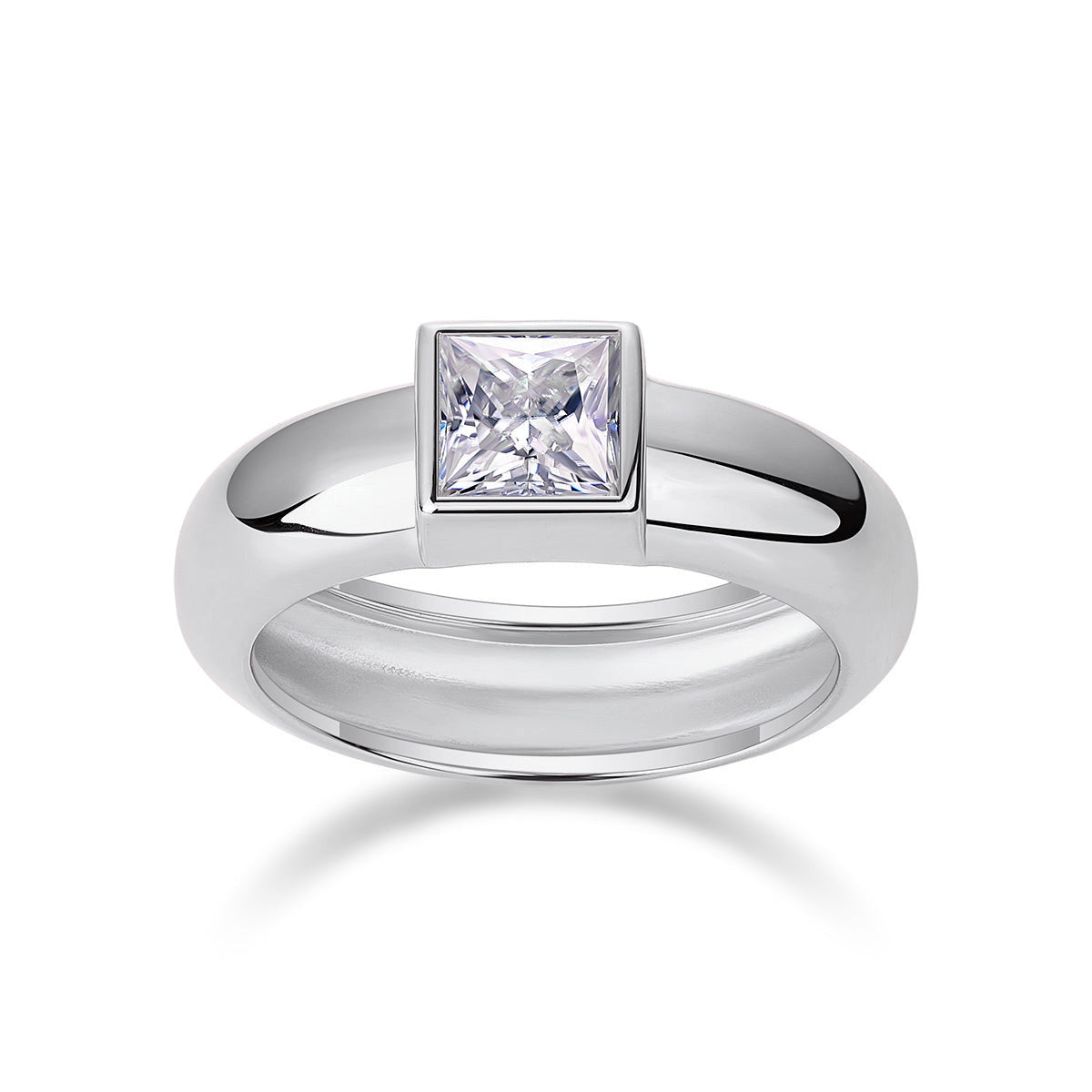 Astrid Princess Cut Moissanite Bezel Engagement Ring in 18K white gold plating, front view