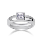 Astrid Princess Cut Moissanite Bezel Engagement Ring in 18K white gold plating, front view