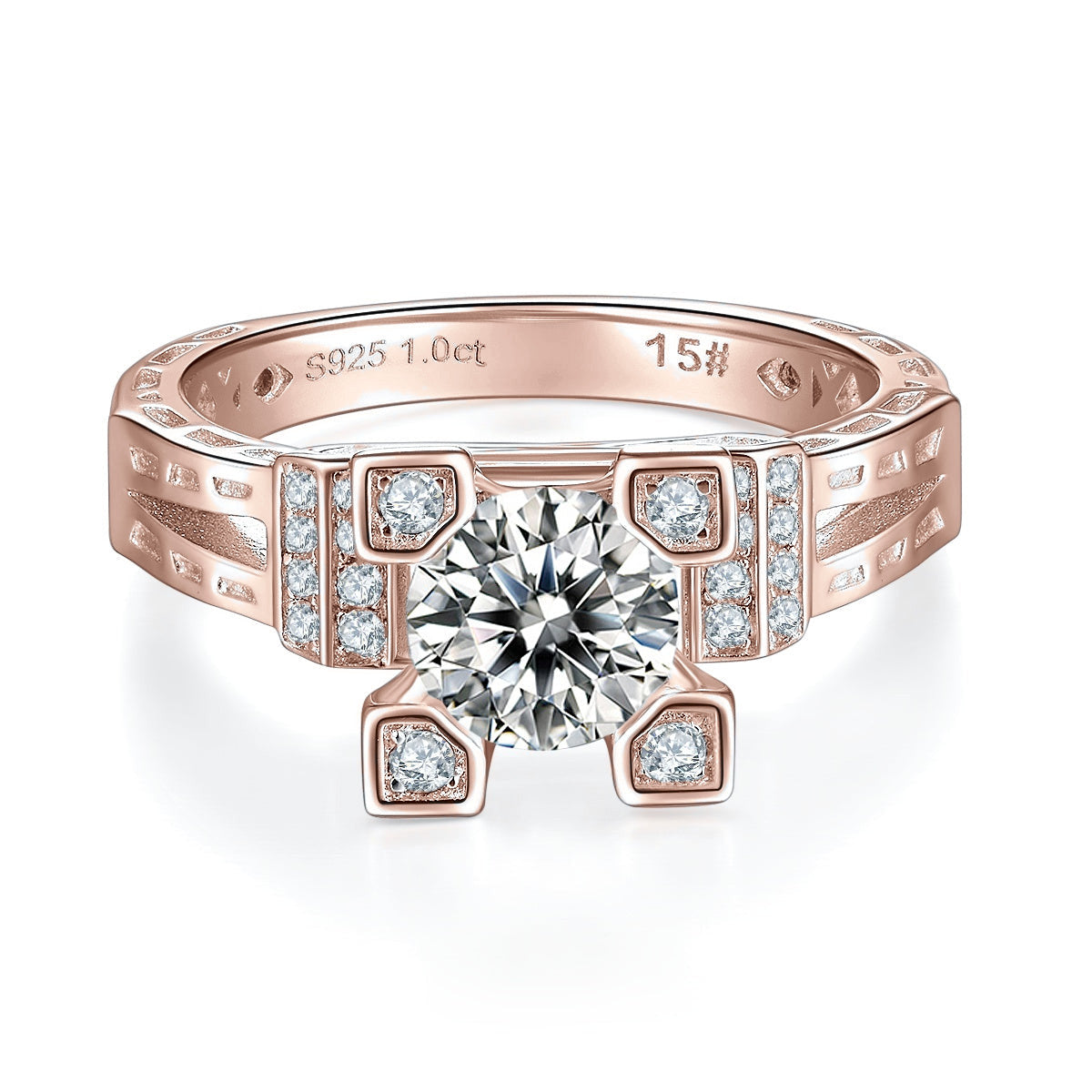 Augusta Round Moissanite Art Deco Engagement Ring in 18K rose gold plating, front view