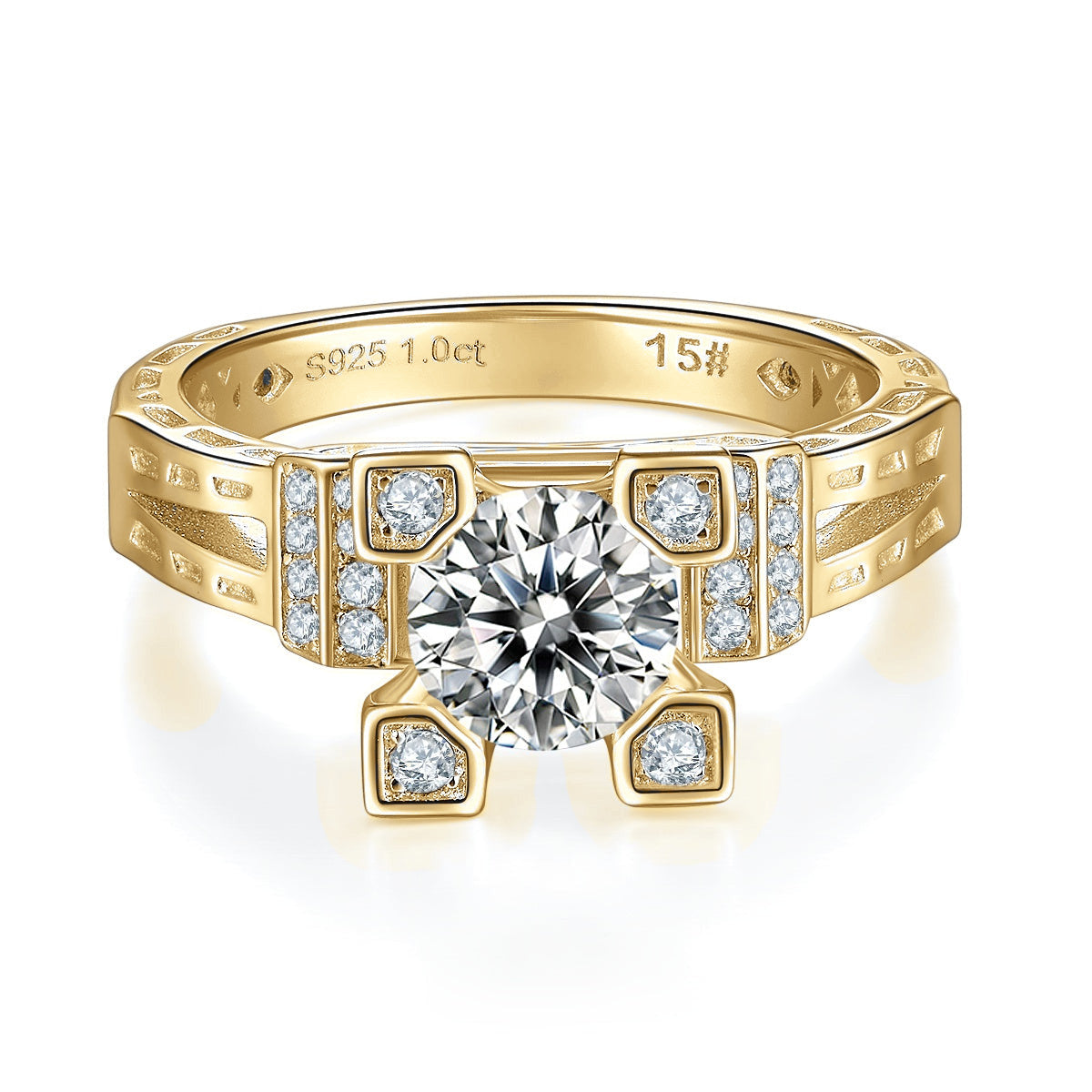 Augusta Round Moissanite Art Deco Engagement Ring in 18K yellow gold plating, front view