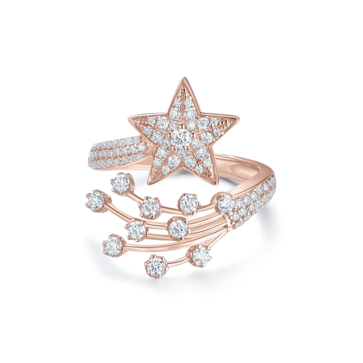 Aurelia Moissanite Shooting Star Open Ring in 18K rose gold plating, front view