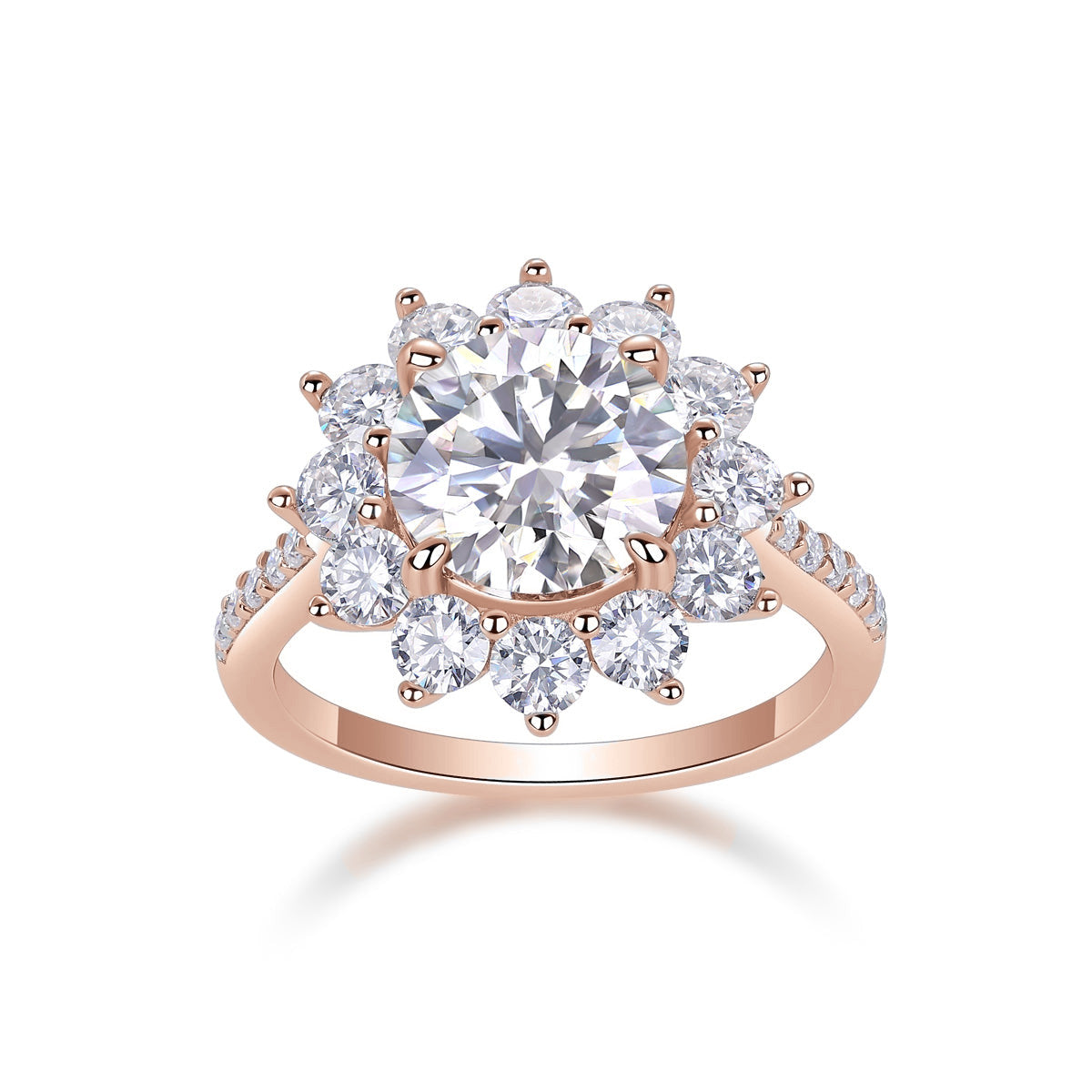 Aurora Round Moissanite Sunburst Halo Engagement Ring in 18K rose gold plating, front view