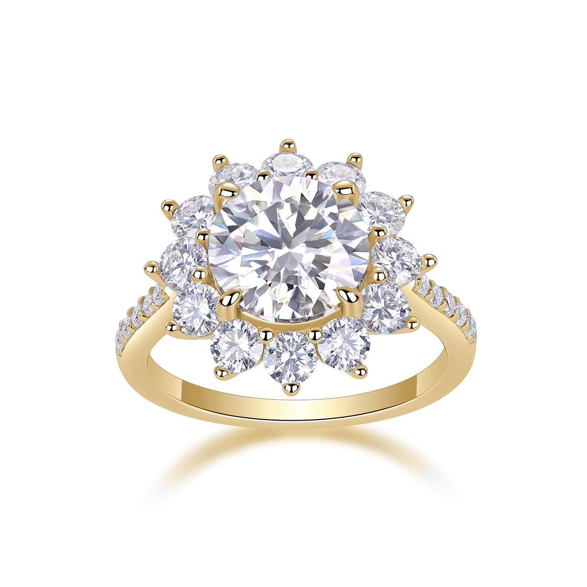 Aurora Round Moissanite Sunburst Halo Engagement Ring in 18K yellow gold plating, front view