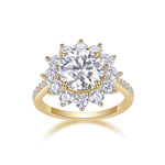 Aurora Round Moissanite Sunburst Halo Engagement Ring in 18K yellow gold plating, front view