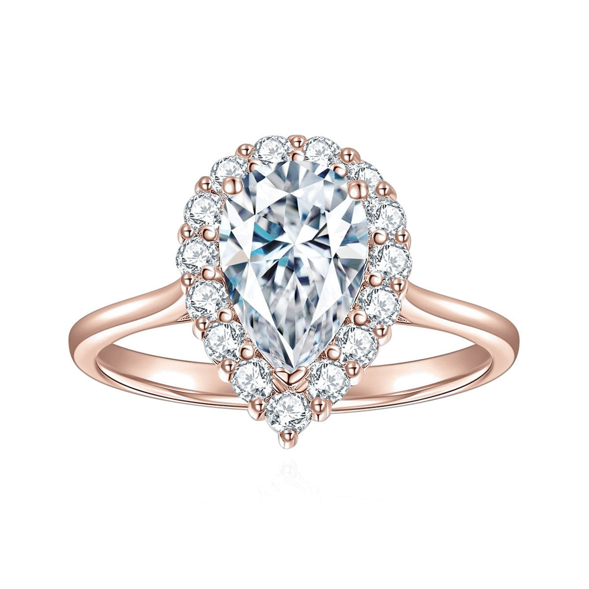 Autumn Pear Moissanite Halo Engagement Ring in 18K rose gold plating, front view