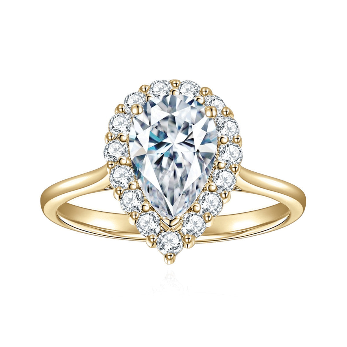 Autumn Pear Moissanite Halo Engagement Ring in 18K yellow gold plating, front view