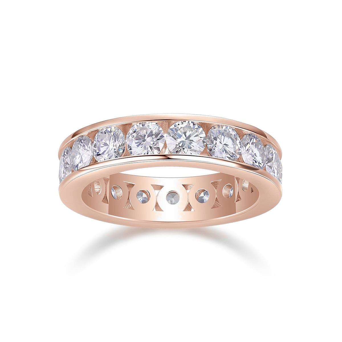 Avery Round Moissanite Channel Eternity Band in 18K rose gold plating, front view