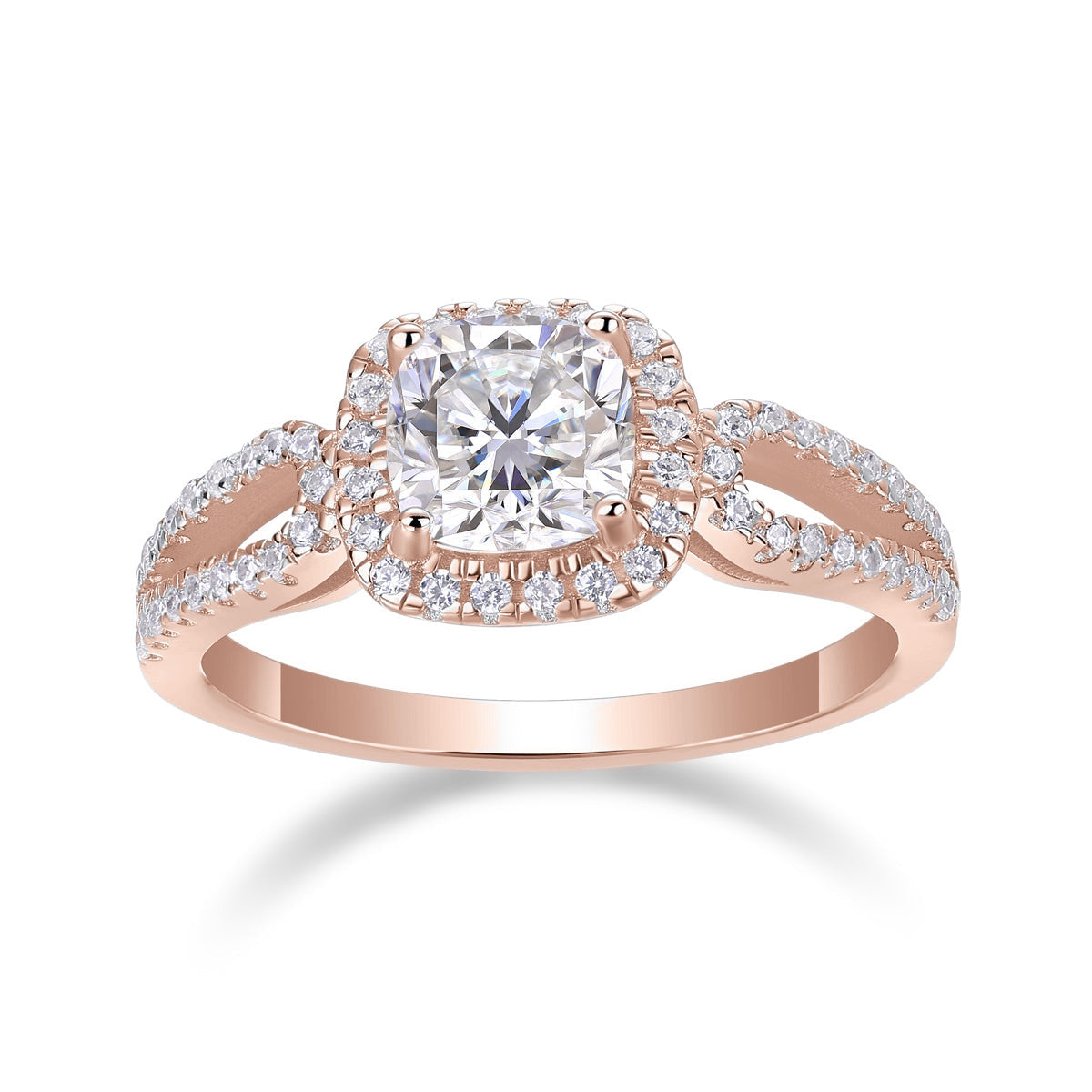 Ayla Cushion Cut Moissanite Halo Engagement Ring in 18K rose gold plating, front view