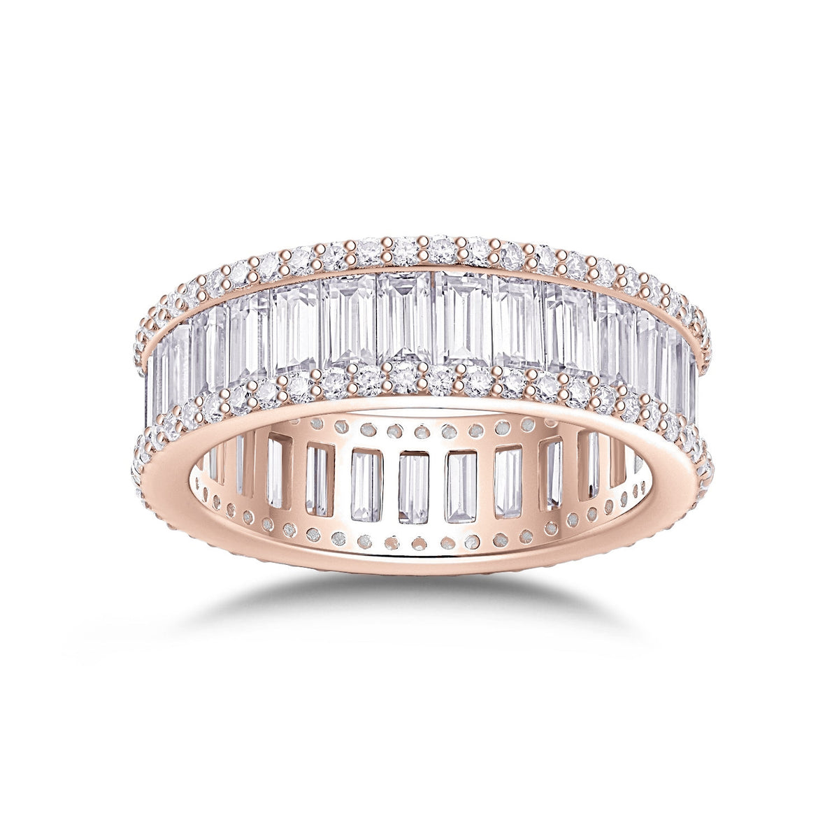 Beatrice Baguette Moissanite Channel Eternity Band in 18K rose gold plating, front view