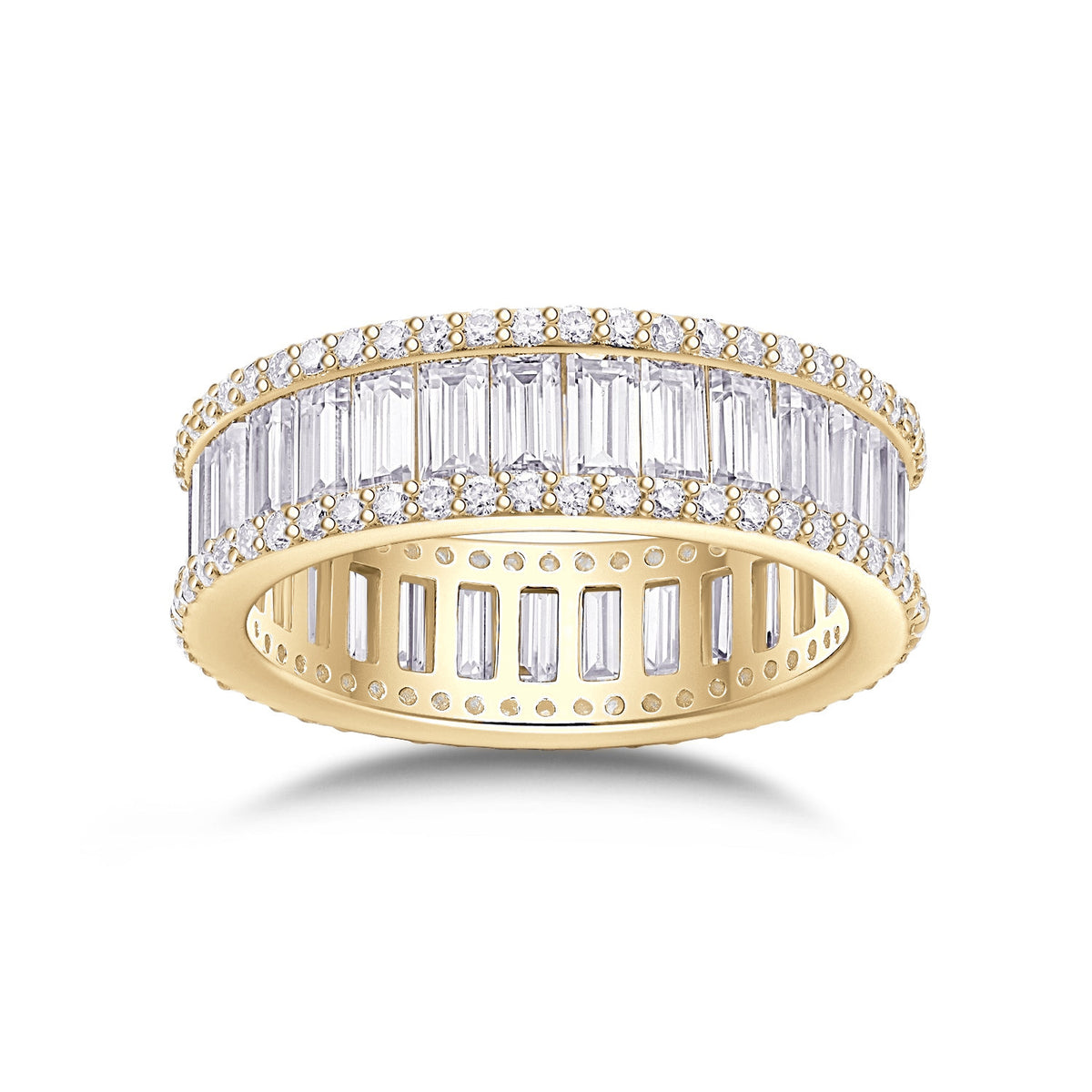 Beatrice Baguette Moissanite Channel Eternity Band in 18K yellow gold plating, front view